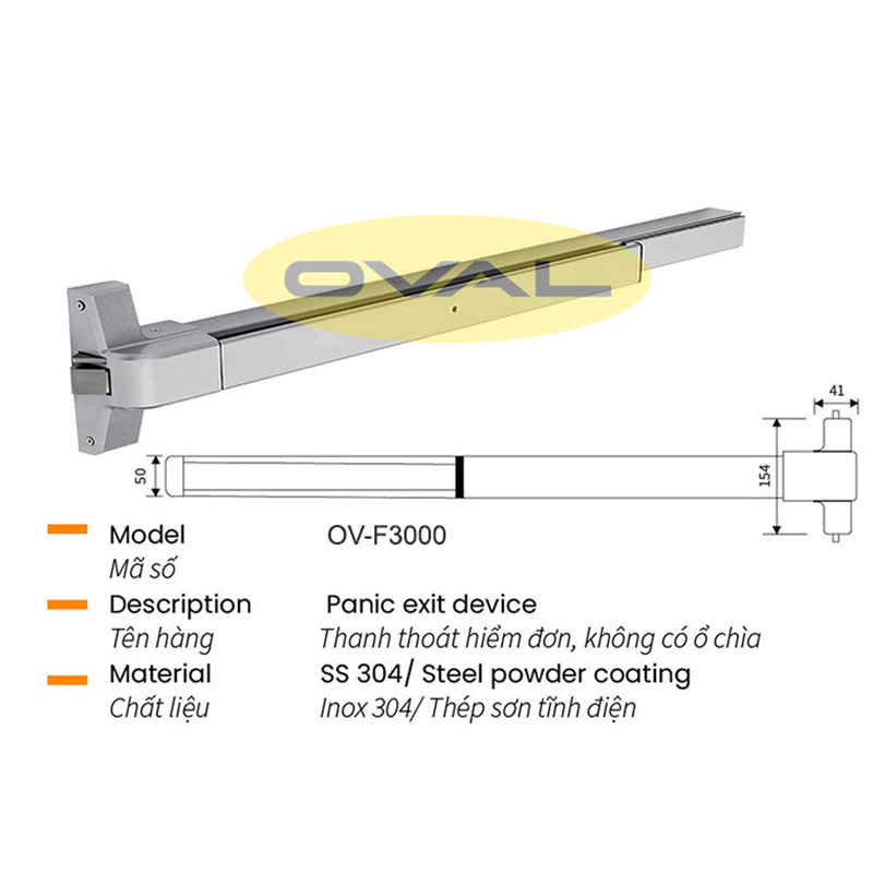 Thanh đẩy thoát hiểm đơn - Inox dài 580mm